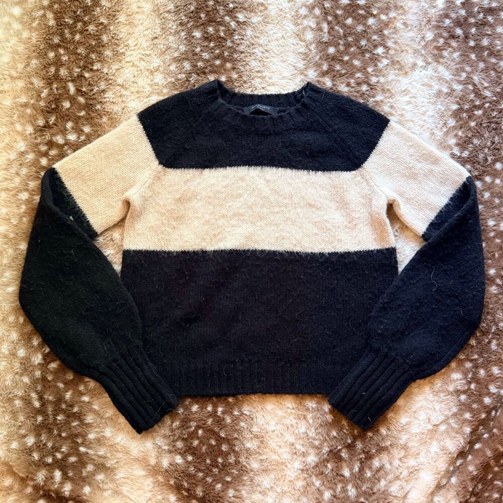 AllSaints Italian Yarn Stripe Crewneck Sweater Black Mallow  Lou Uno Size S